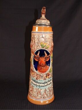 Vtg German GERZ 2L Deer Stag Ram Hunt Beer Stein Mug Tankard 18" | 1957